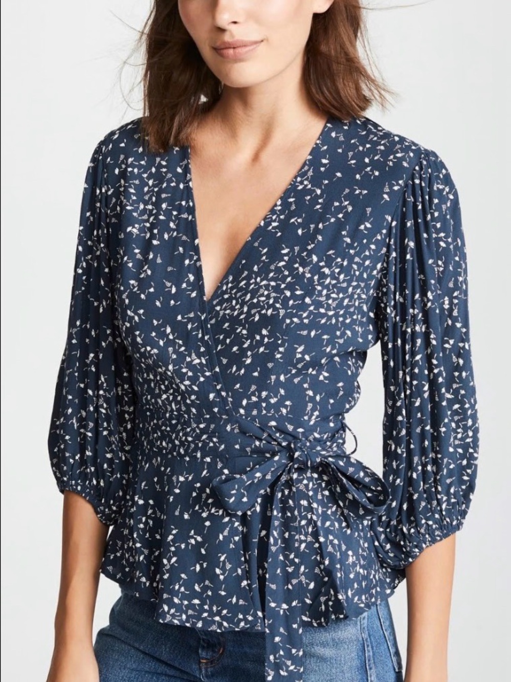 Ganni Navy and White Floral Wrap Blouse with Tie